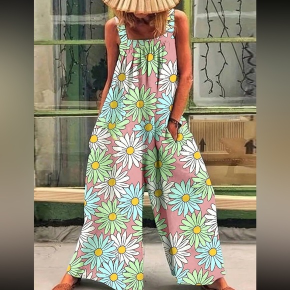 Boho sunflower floral print wide leg cami jumpsuit